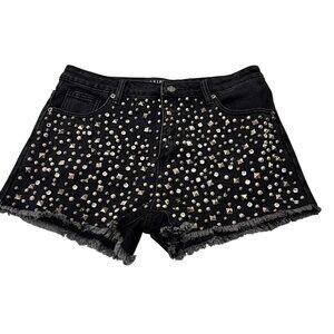 Akira Black Denim Embellished Frayed Hem Shorts, L